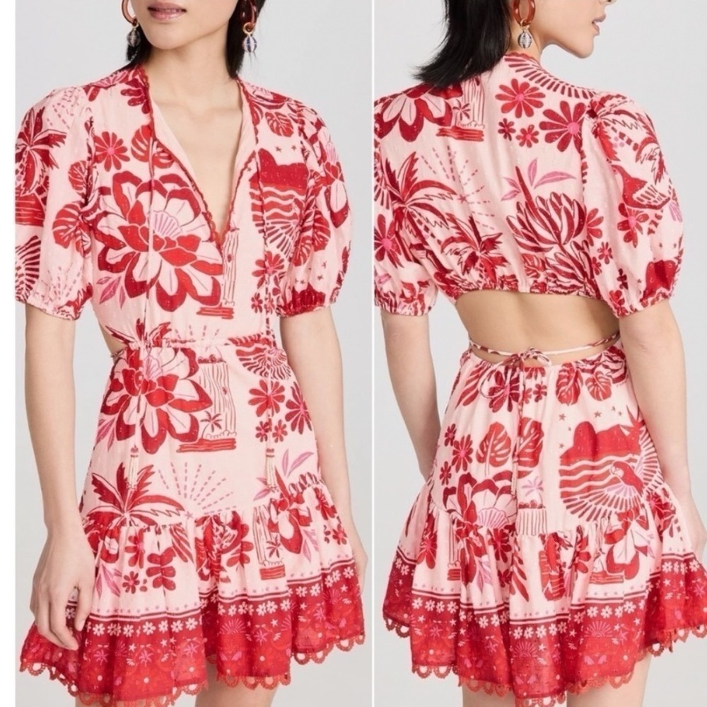 Farm Rio Red White Tiles Mini Dress Cut Out Back Medium Vacation Boho